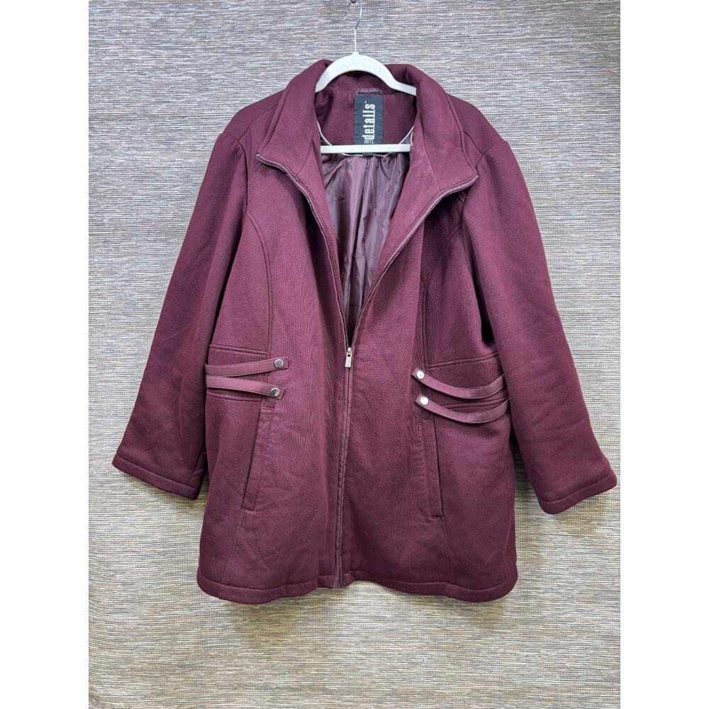 Details Int Pea Coat Womens Size 2X Burgundy Full Zip Waist Accent Long Sleeve